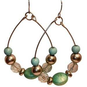 Turquoise and Silver‎ toned oval wire dangle earrings SKUJ044